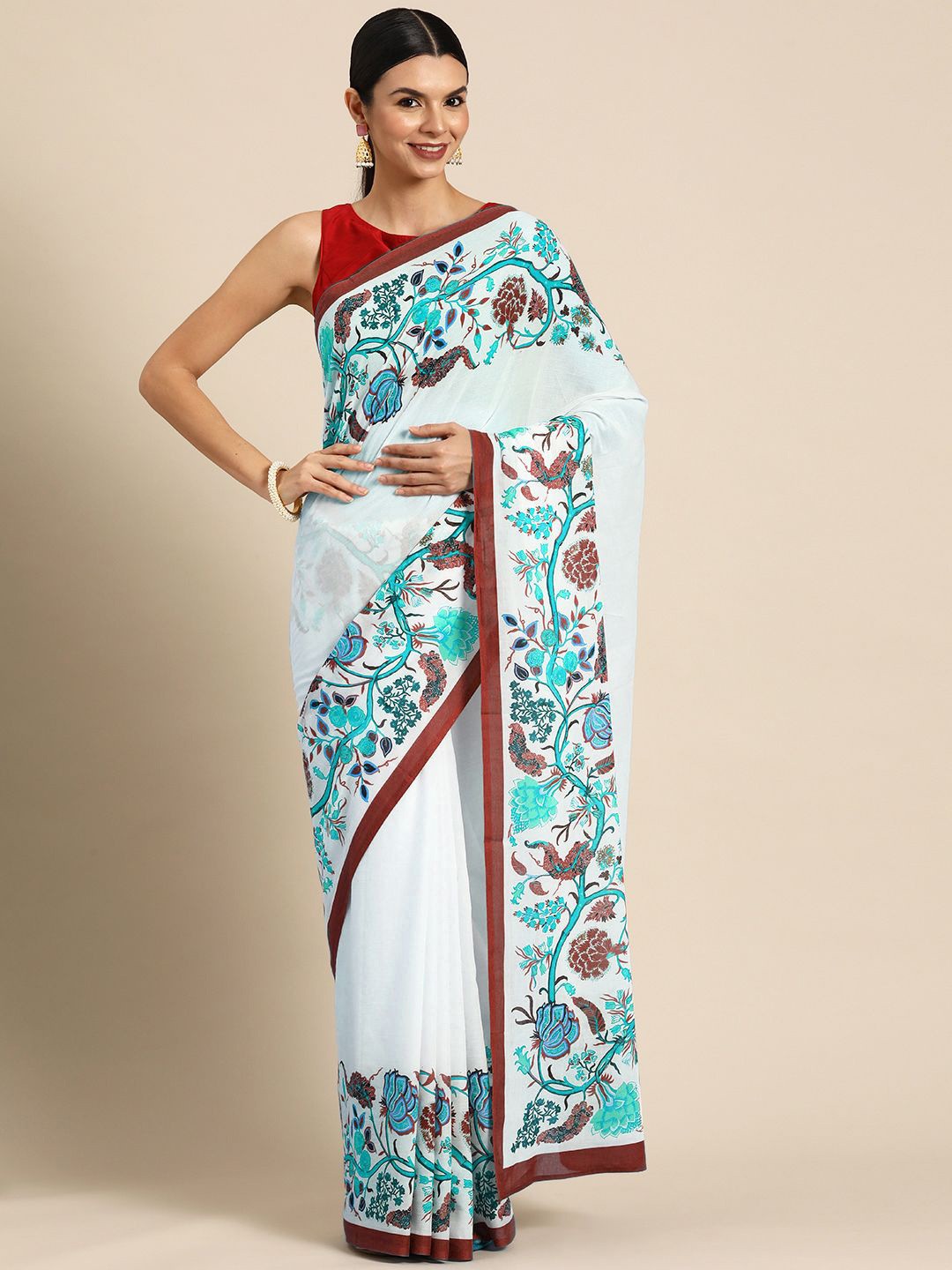 

BUTA BUTI Floral Pure Cotton Saree, Red