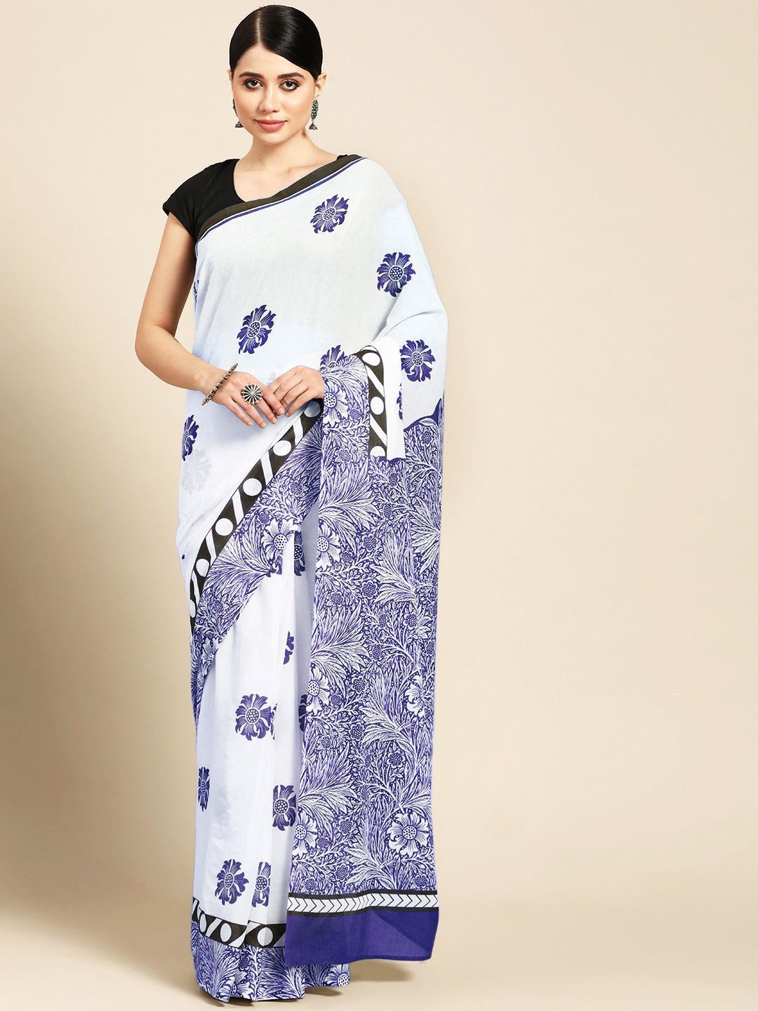 

BUTA BUTI Floral Printed Pure Cotton Saree, Navy blue