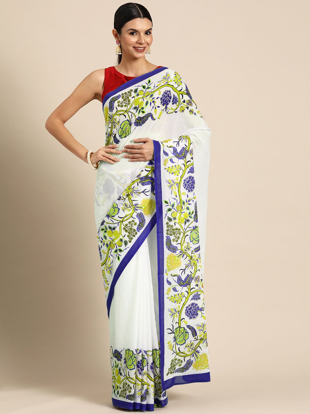 

BUTA BUTI Floral Pure Cotton Saree, Navy blue