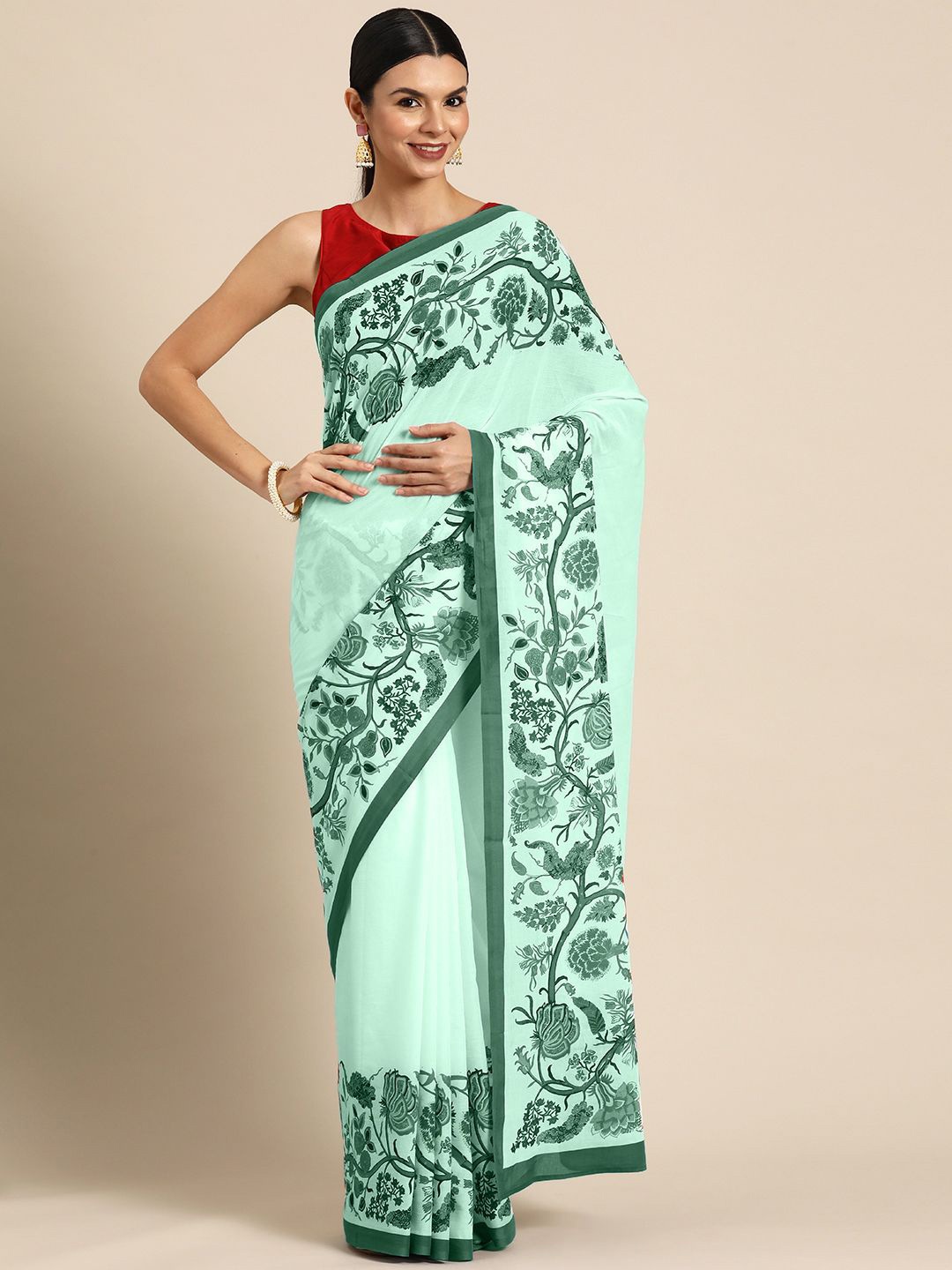 

BUTA BUTI Floral Pure Cotton Saree, Sea green