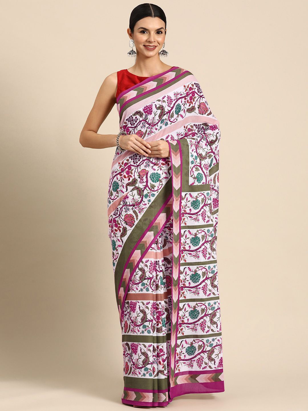 

BUTA BUTI Floral Printed Pure Cotton Saree, Pink