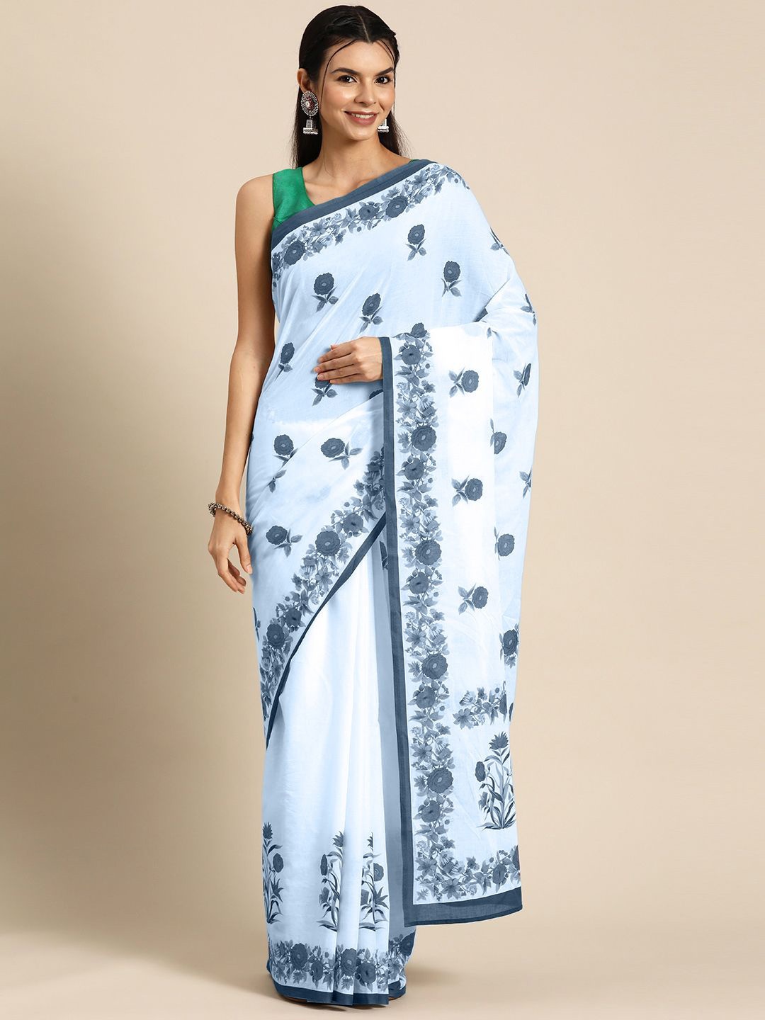 

BUTA BUTI Pure Cotton Floral Daily Saree, Blue