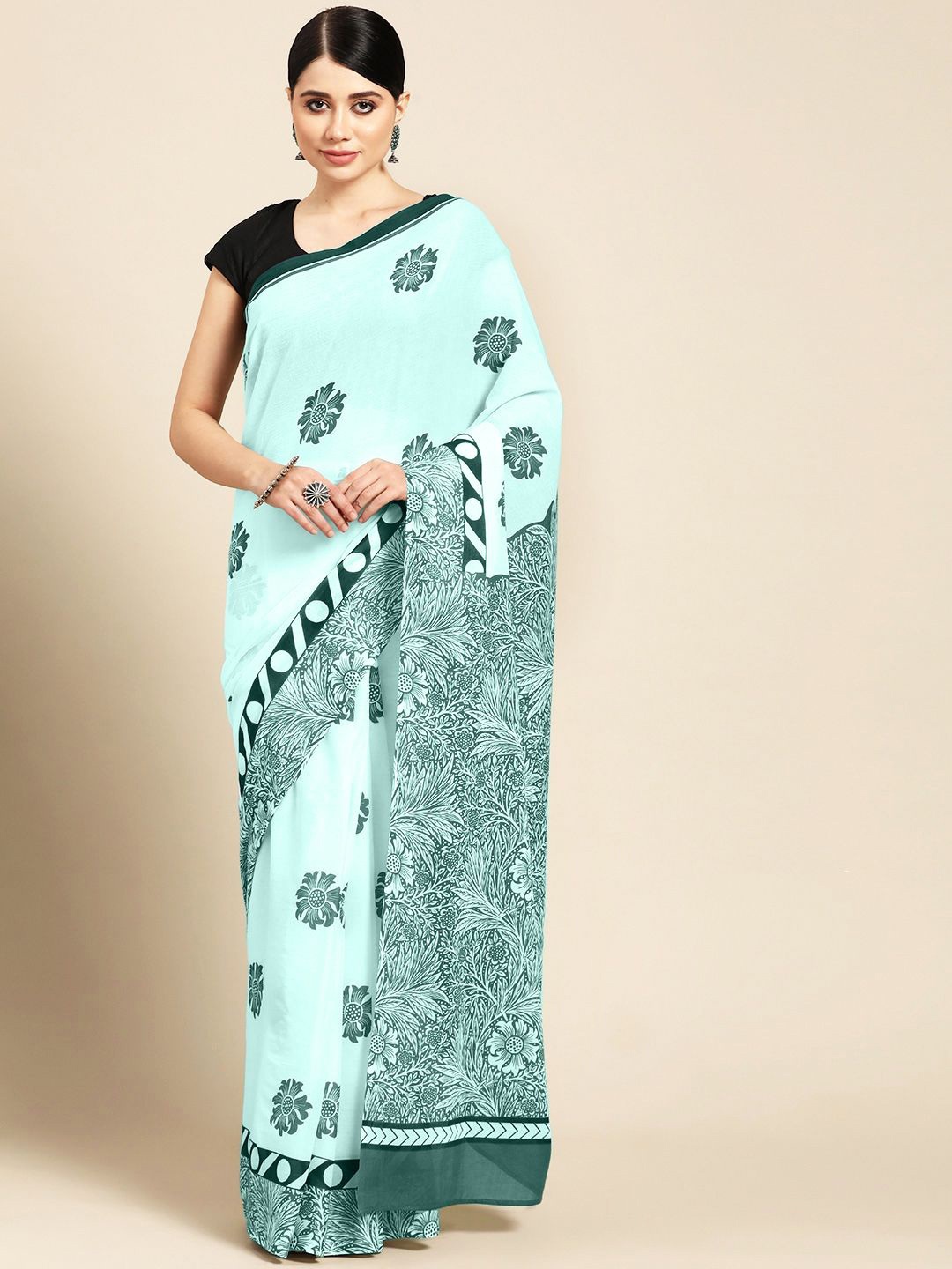 

BUTA BUTI Floral Pure Cotton Saree, Sea green