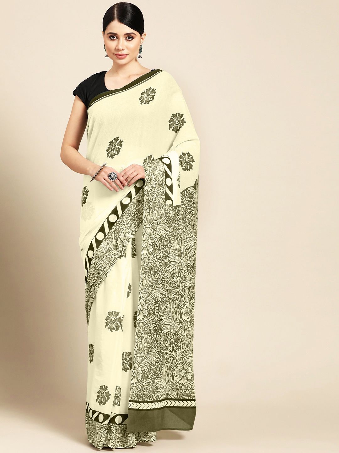 

BUTA BUTI Floral Printed Pure Cotton Saree, Lime green