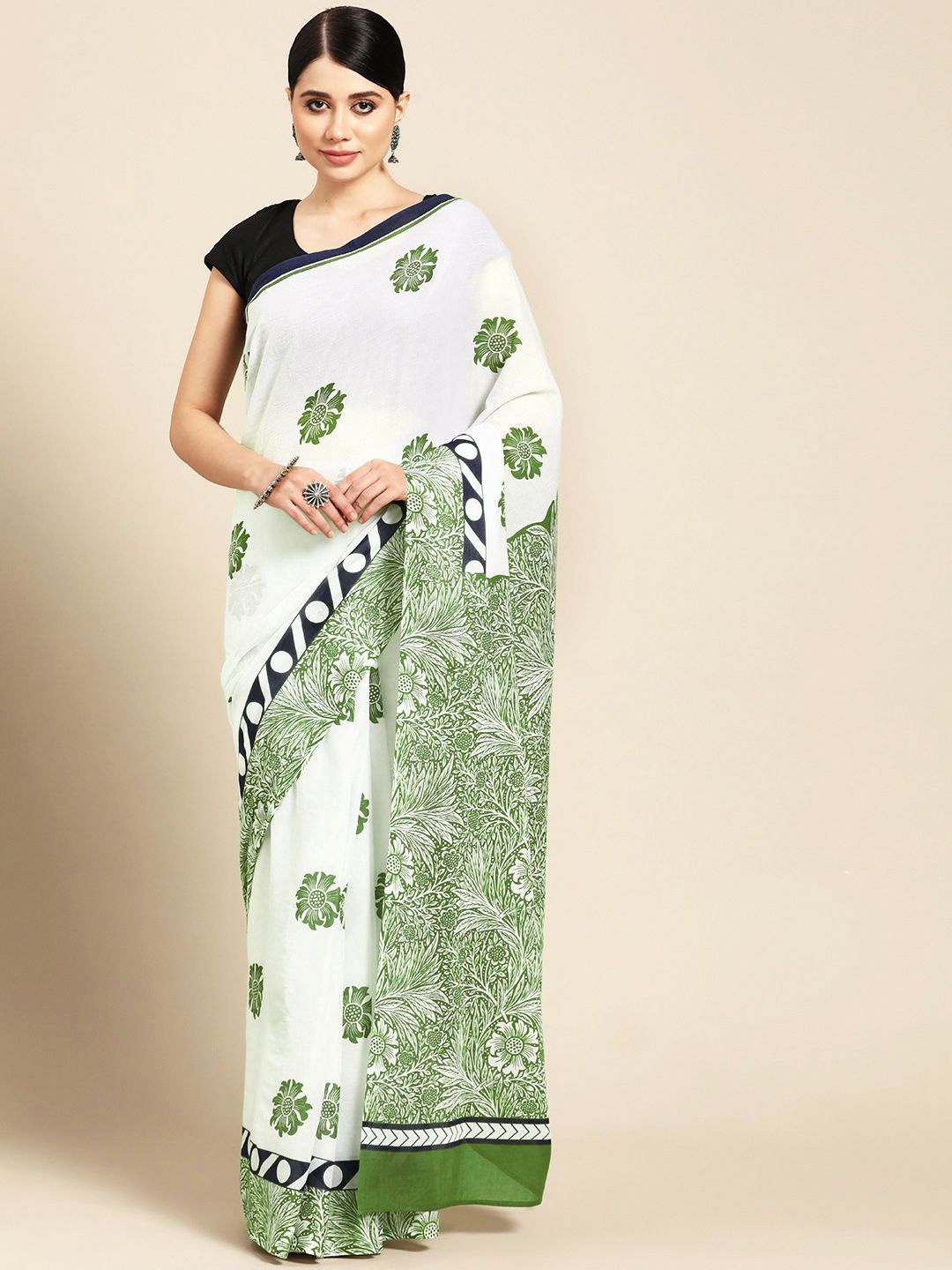 

BUTA BUTI Floral Printed Pure Cotton Saree, Green