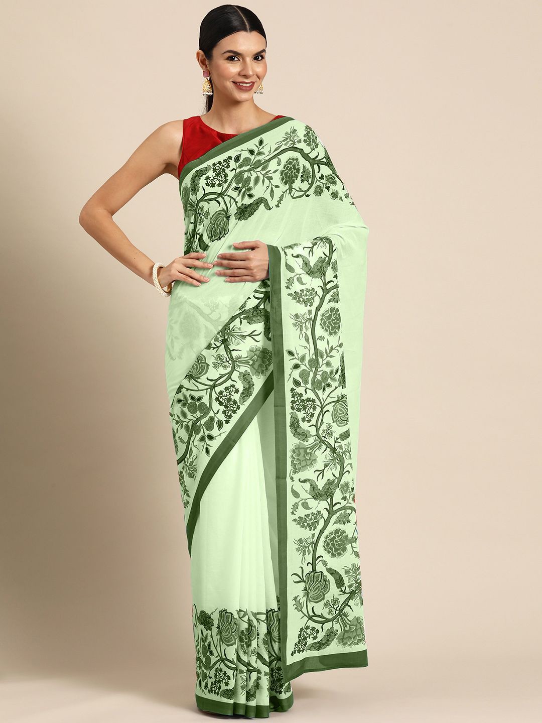 

BUTA BUTI Floral Pure Cotton Saree, Green