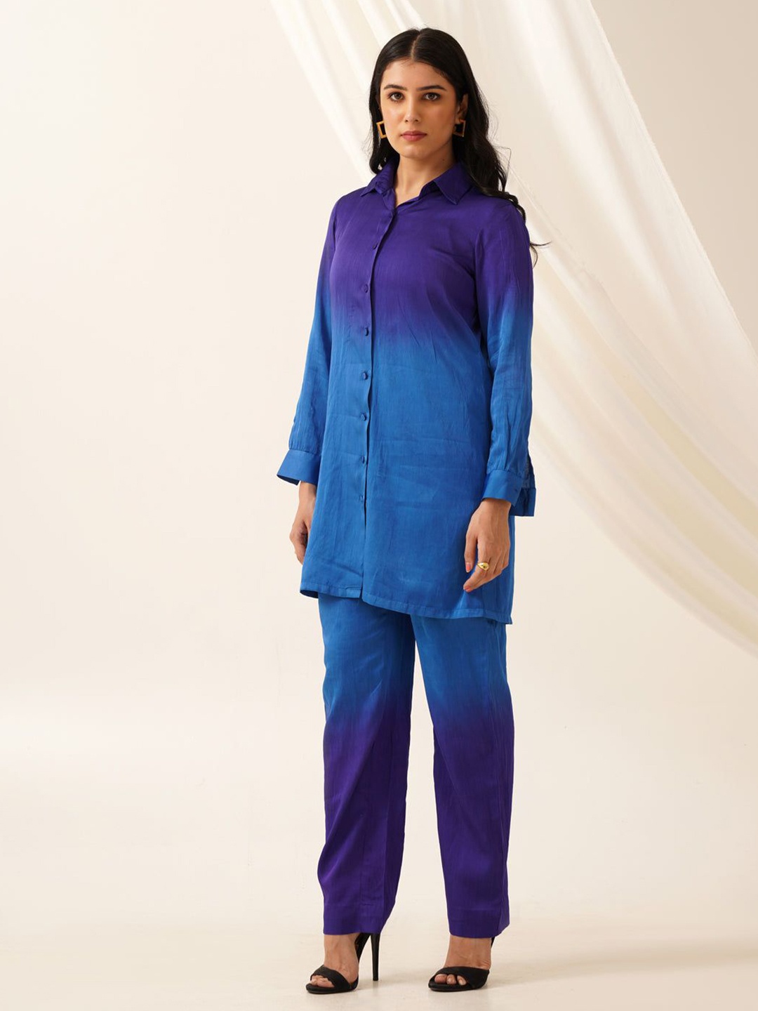 

SEVENDC Satin Shirt Ombre Dyed Co-Ords, Blue