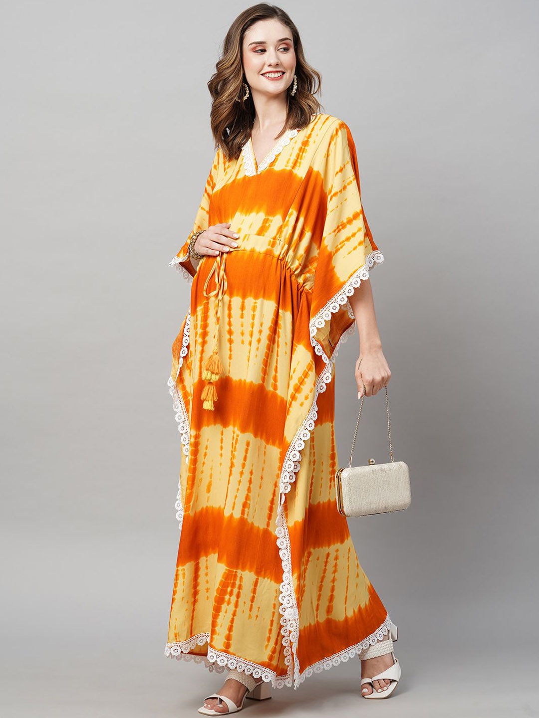 

MomToBe Women Printed Maternity Kimono Sleeves Kaftan Maxi Dress, Yellow