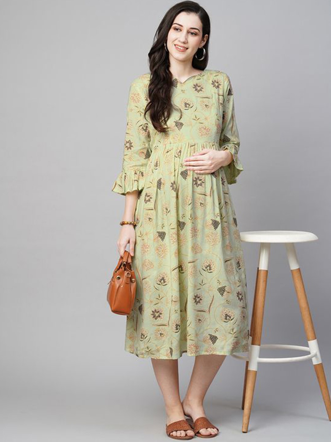 

MomToBe Women's Printed Round Neck Midi Maternity Dress, Green