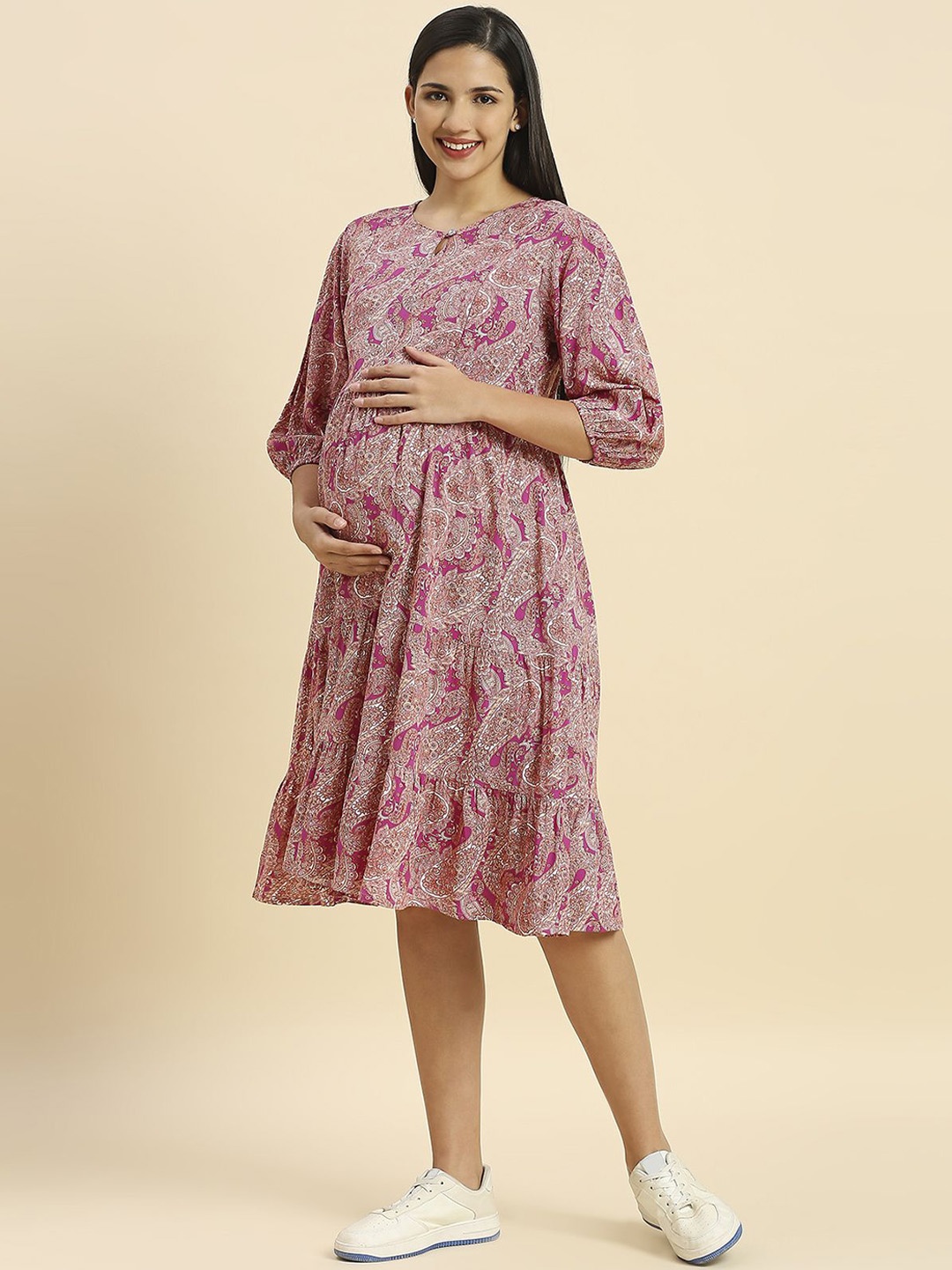 

MomToBe Ethnic Motifs Printed Cotton Maternity Fit & Flare Midi Dress, Fuchsia