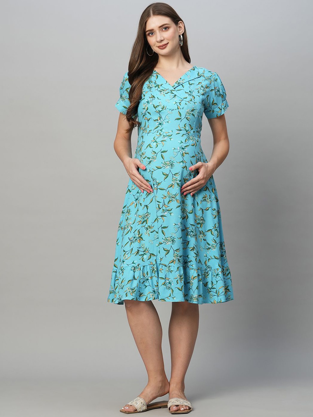 

MomToBe Women Floral Printed Puff Sleeve Maternity A-Line Dress, Blue