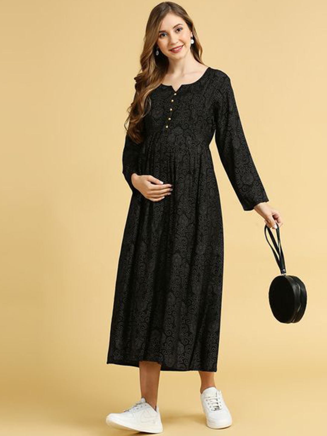

MomToBe Printed Maternity Fit & Flare Midi Dress, Black