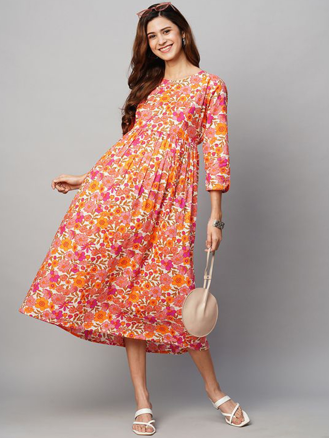 

MomToBe Floral Cotton Maternity Fit & Flared Midi Ethnic Dress, Cream