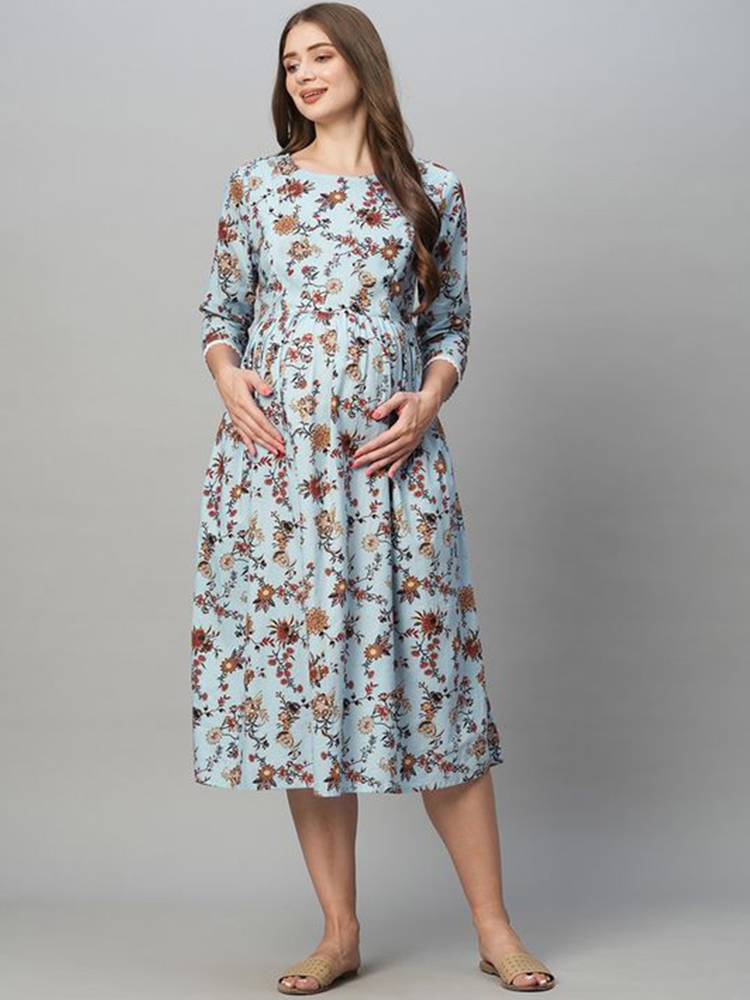 

MomToBe Women's Cotton Printed Round Neck Midi Maternity Dress, Blue