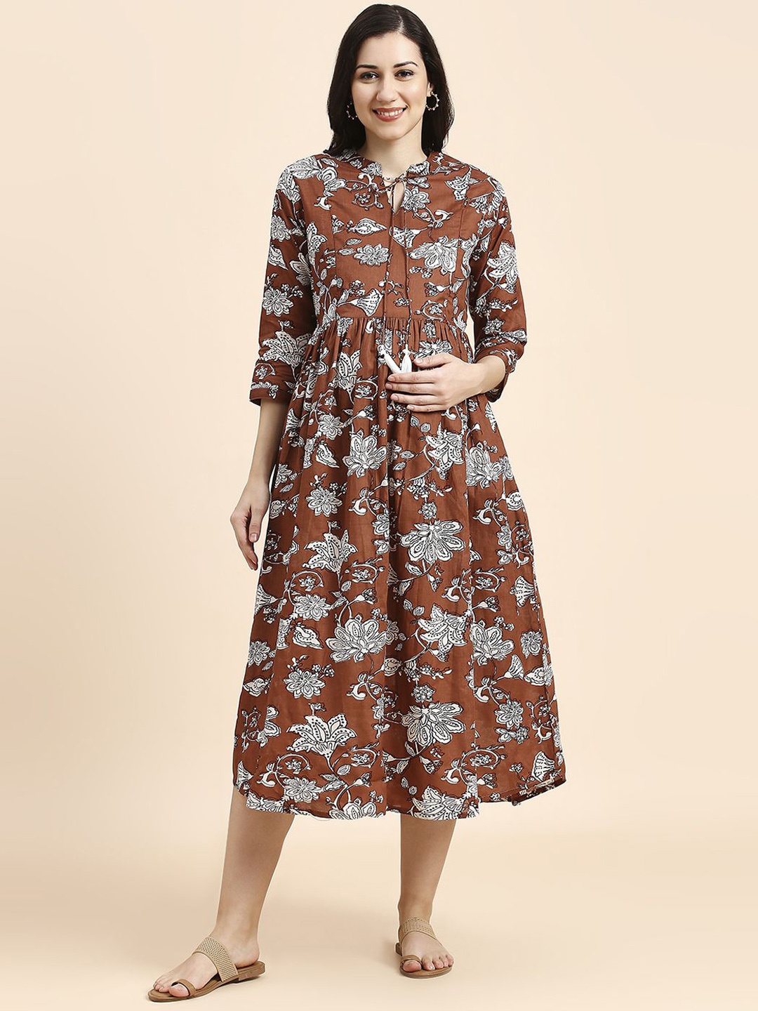 

MomToBe Floral Printed Cotton Fit & Flare Maternity Midi Dress, Brown