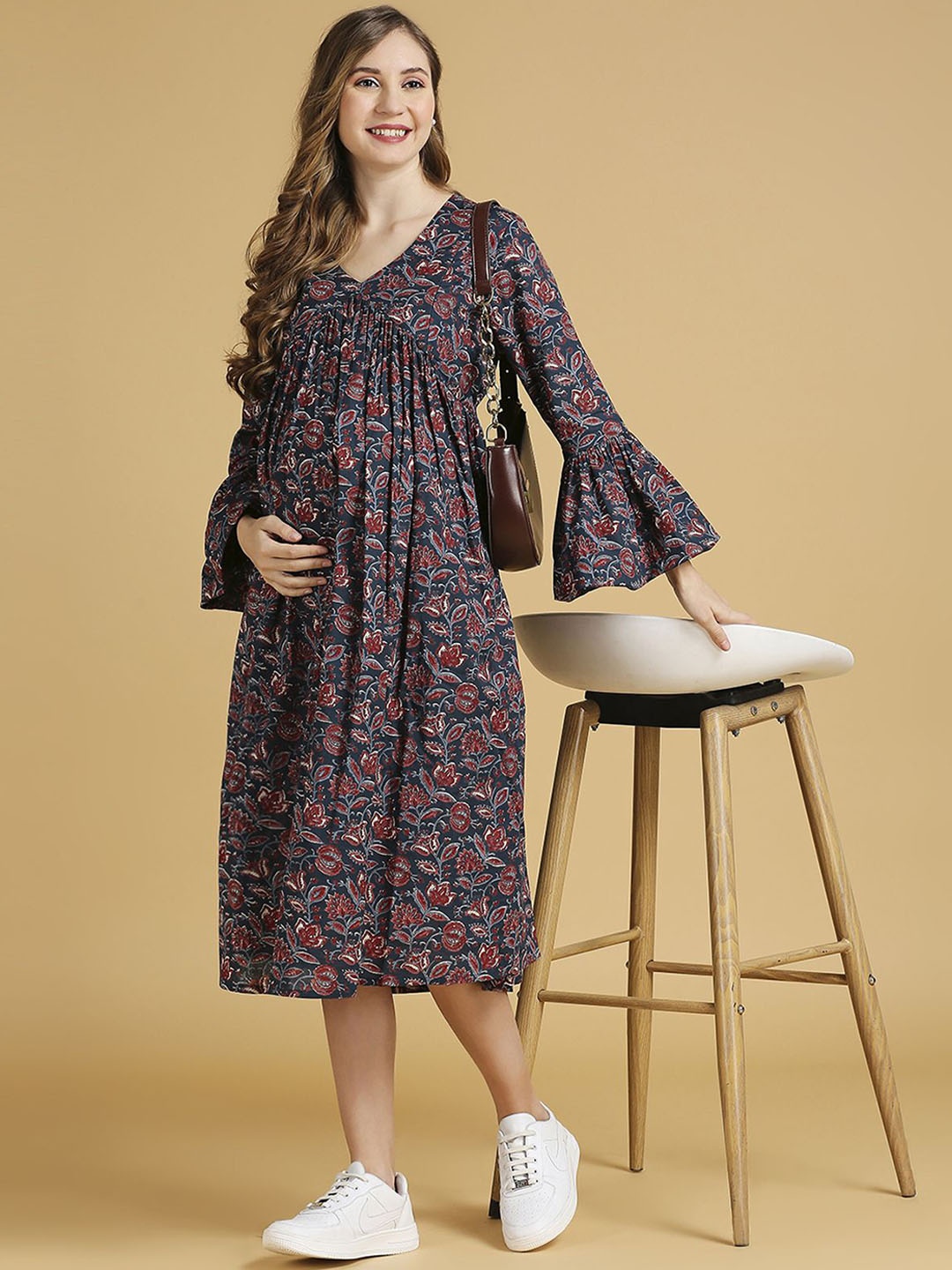

MomToBe Floral Printed Cotton Maternity Empire Midi Dress, Blue