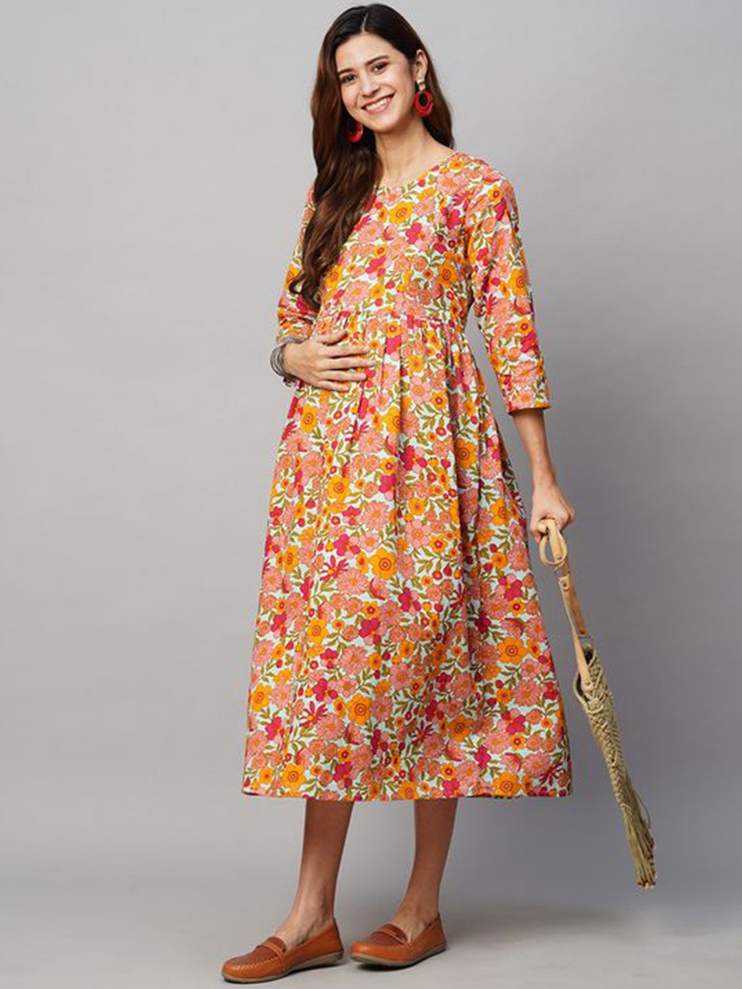 

MomToBe Women's Cotton Printed Round Neck Midi Maternity Dress, Pink