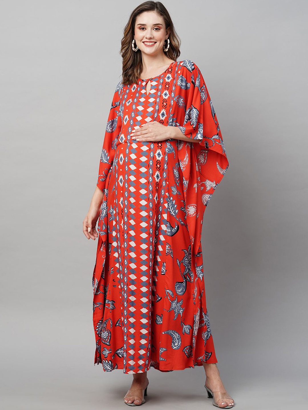 

MomToBe Women Printed Keyhole Neck Kaftan Maxi Dress, Red