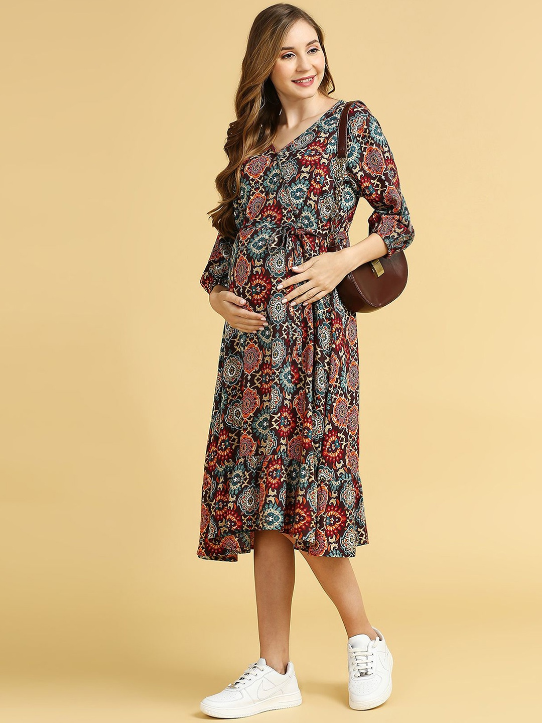 MomToBe Women Printed Flared Midi Dress, Red