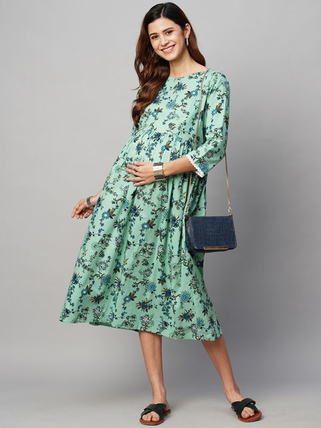 

MomToBe Printed Maternity Feeding Cotton Fit and Flare Dresses, Green
