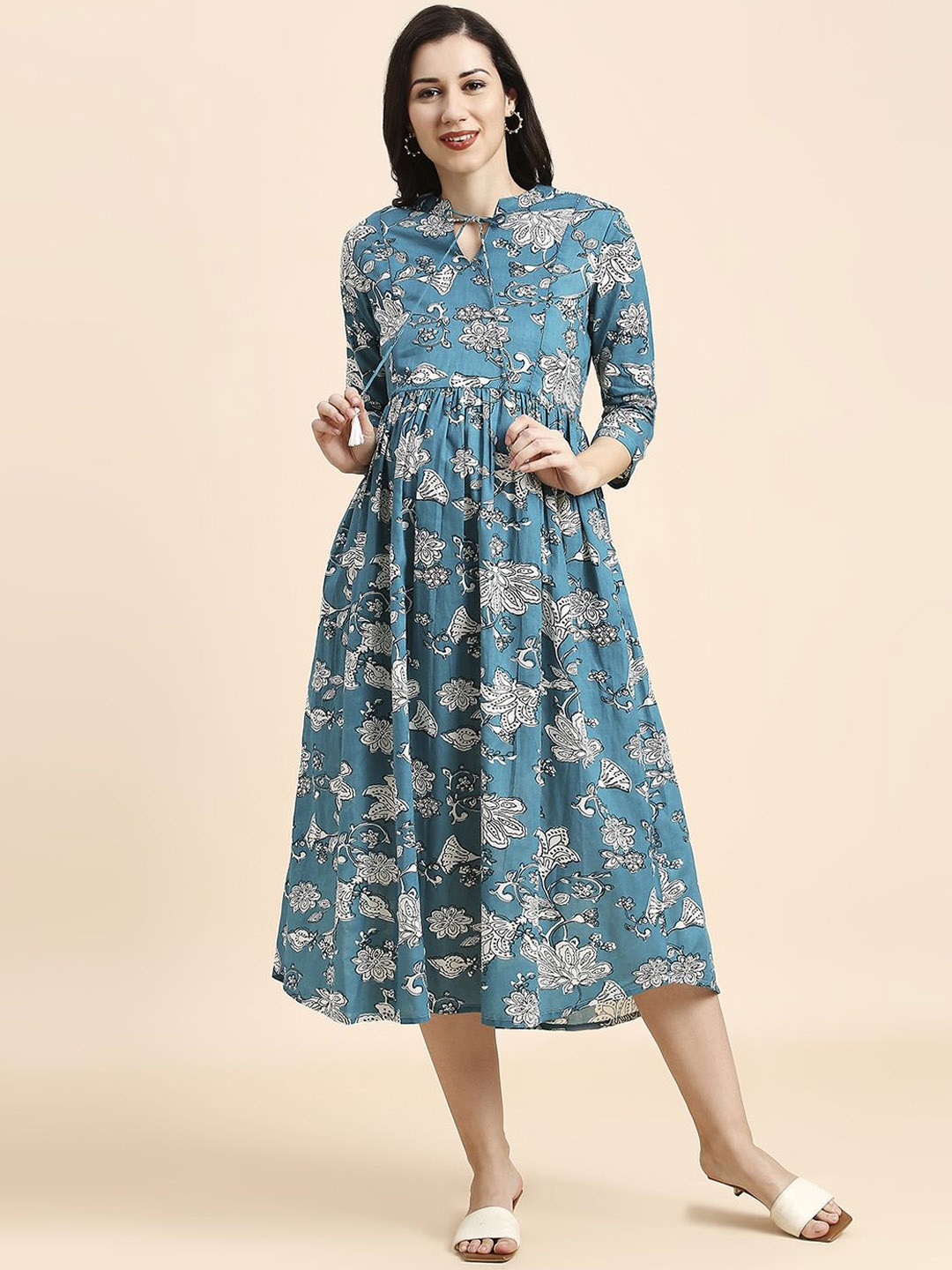 

MomToBe Women Printed Tie Up Neck Maternity Calf-Length Fit and Flare Dress, Blue