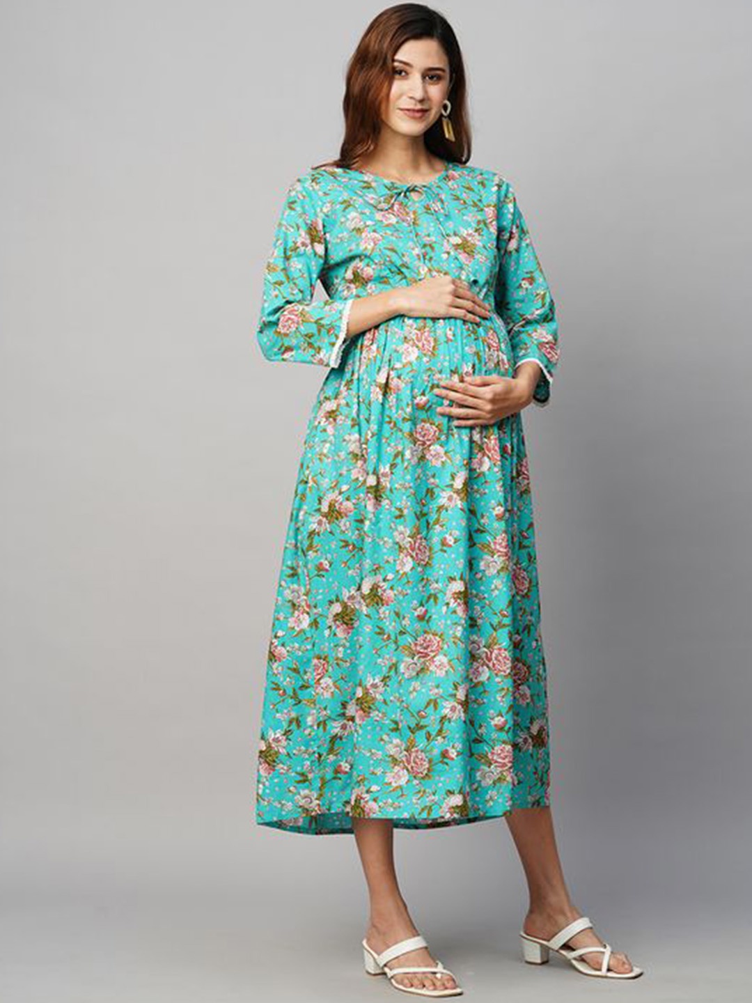 

MomToBe Floral Printed Cotton Fit & Flared Ethnic Dress, Green