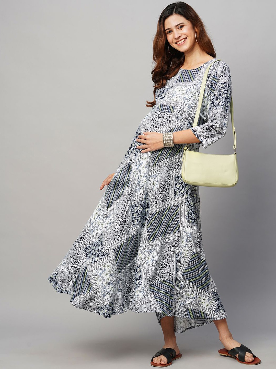 

MomToBe Printed Fit & Flare Round Neck Maternity Maxi Dress, Blue