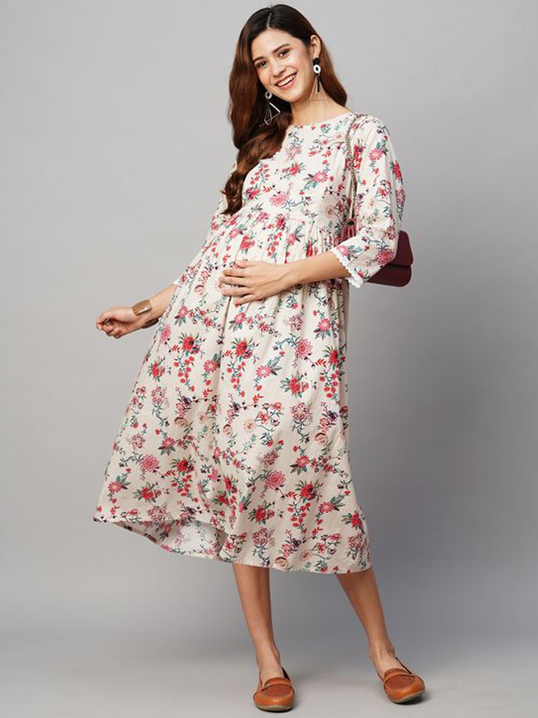 

MomToBe Women Floral Printed Cotton Fit and Flare Midi Dress, Cream