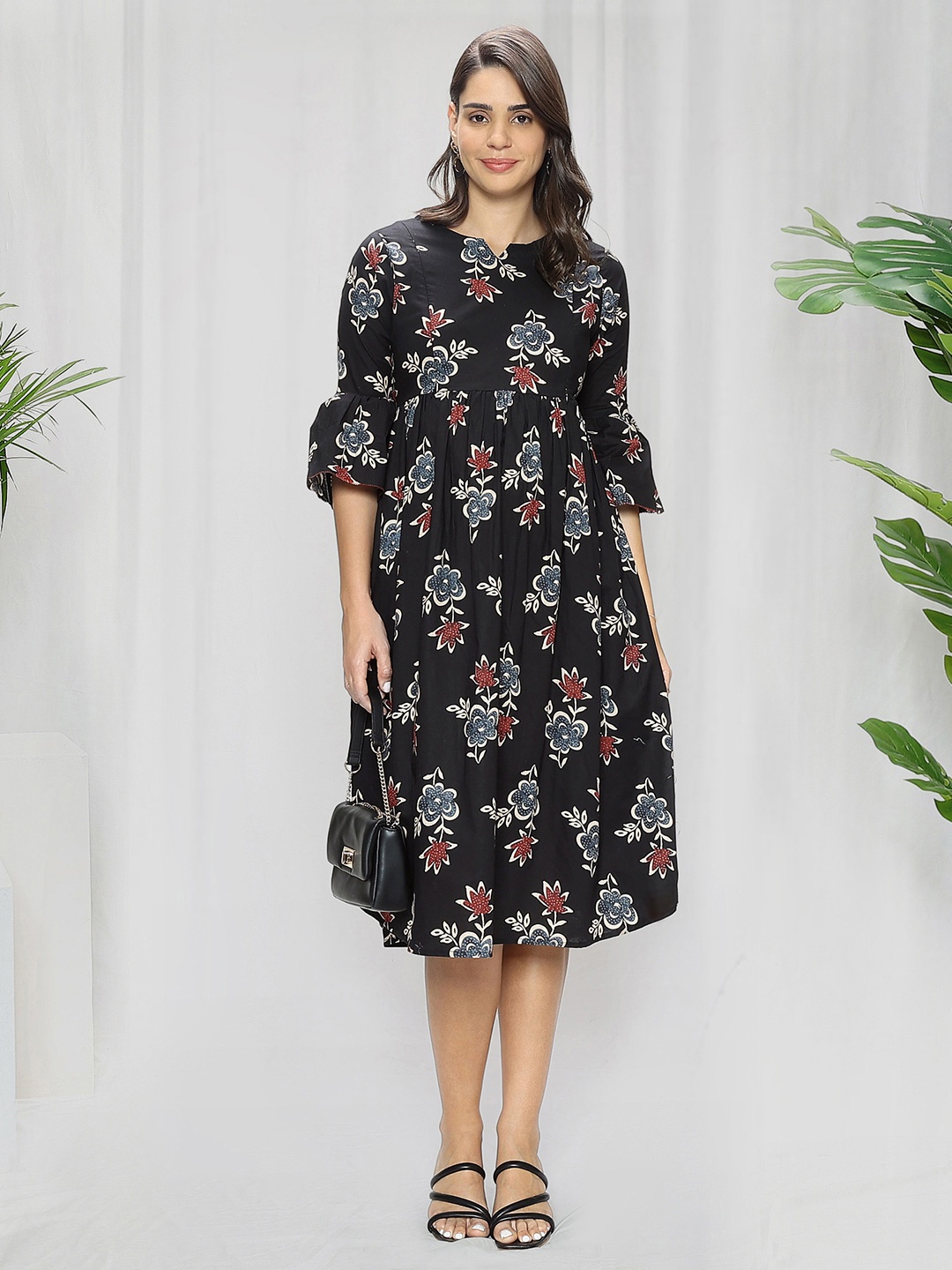 

MomToBe Floral Printed Bell Sleeve Maternity Fit & Flare Ethnic Dress, Black