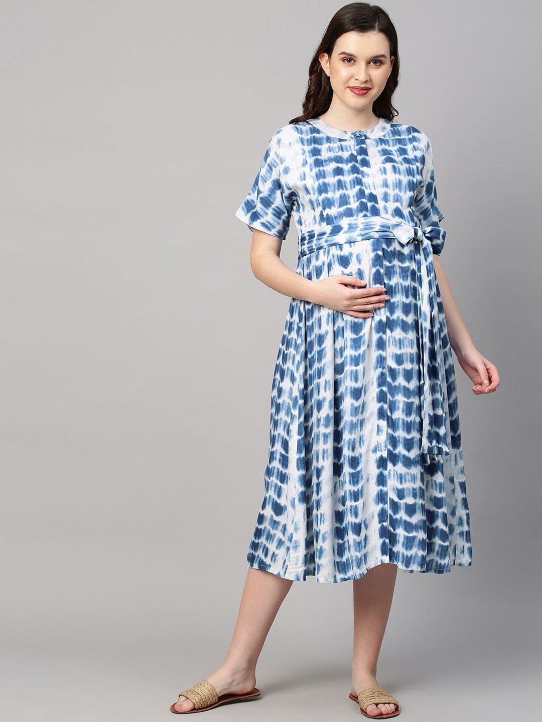 

MomToBe Women Tie and Dye Maternity Fit & Flare Midi Dress, Blue