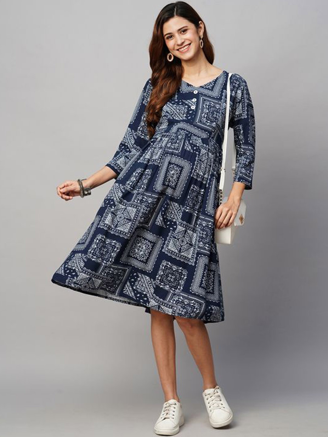 

MomToBe Printed Fit & Flare Maternity Midi Dress, Navy blue