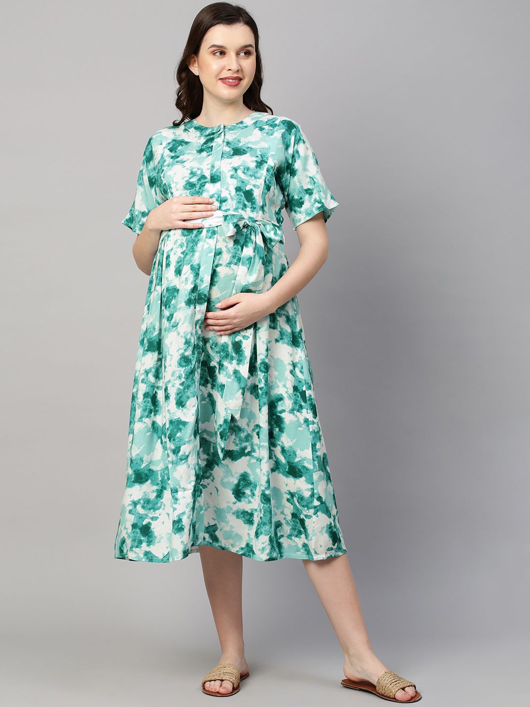 

MomToBe Printed Midi Fit & Flared Maternity Ethnic Dresses, Green
