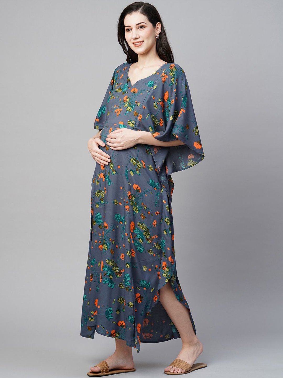 

MomToBe Floral Printed Kaftan Maternity Maxi Dress, Grey