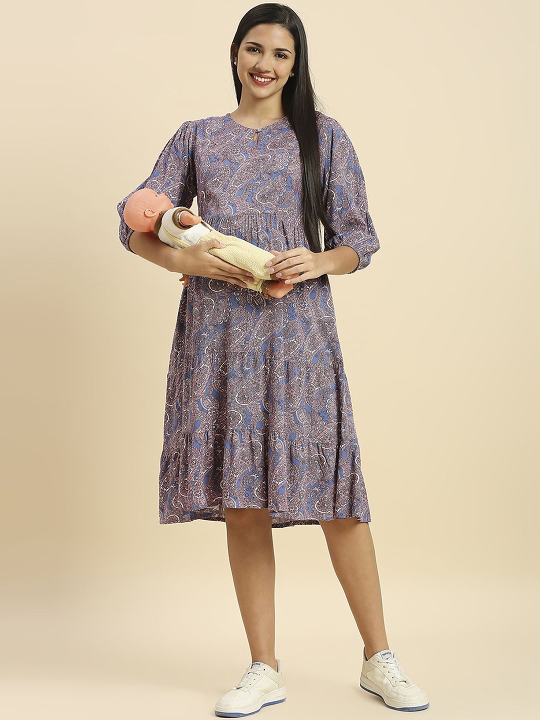 

MomToBe Printed Puff Sleeves Maternity Fit & Flare Dress, Blue