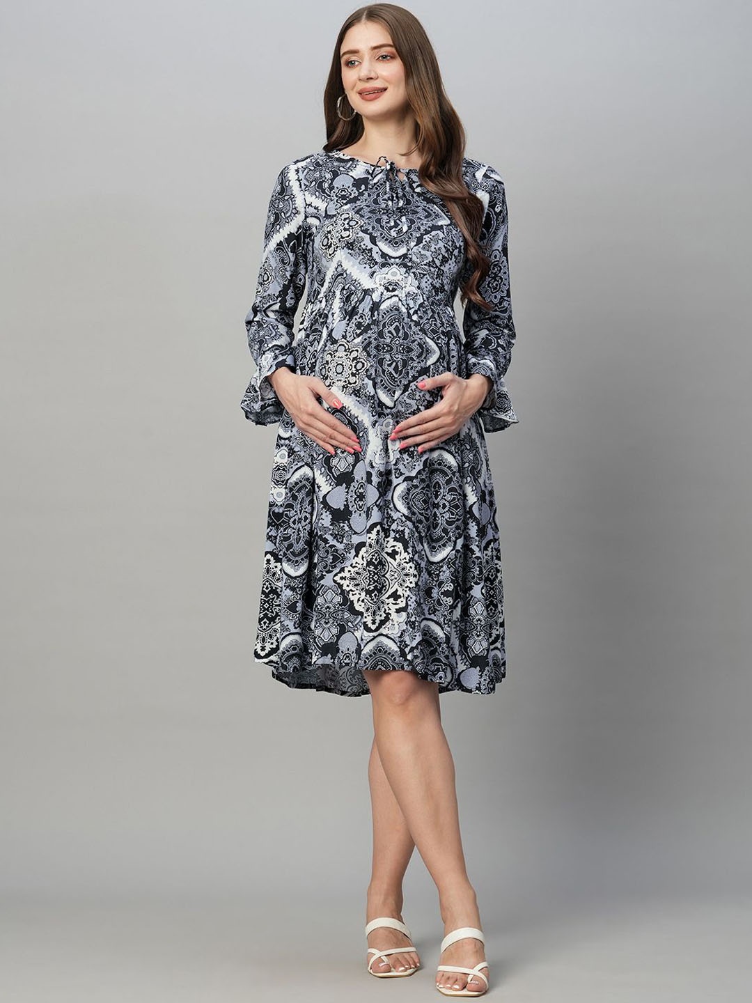 

MomToBe Ethnic Motifs Printed Bell Sleeve Maternity Fit & Flare Dress, Blue