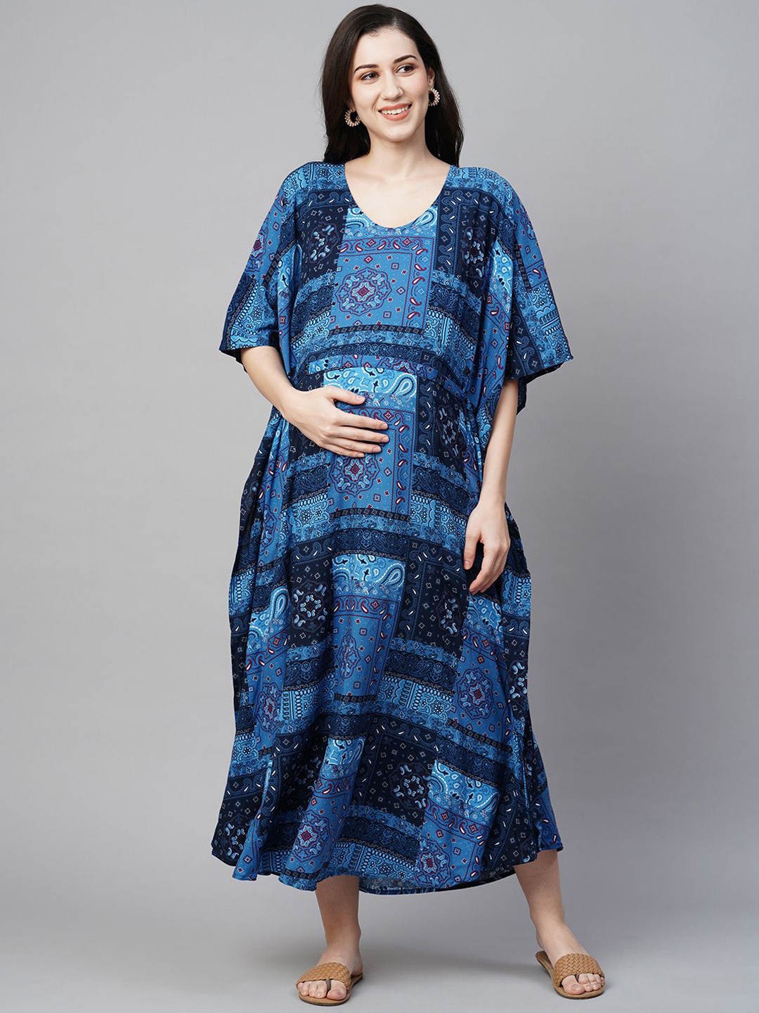 

MomToBe Printed A-Line Maternity Midi Kaftan Dress, Blue