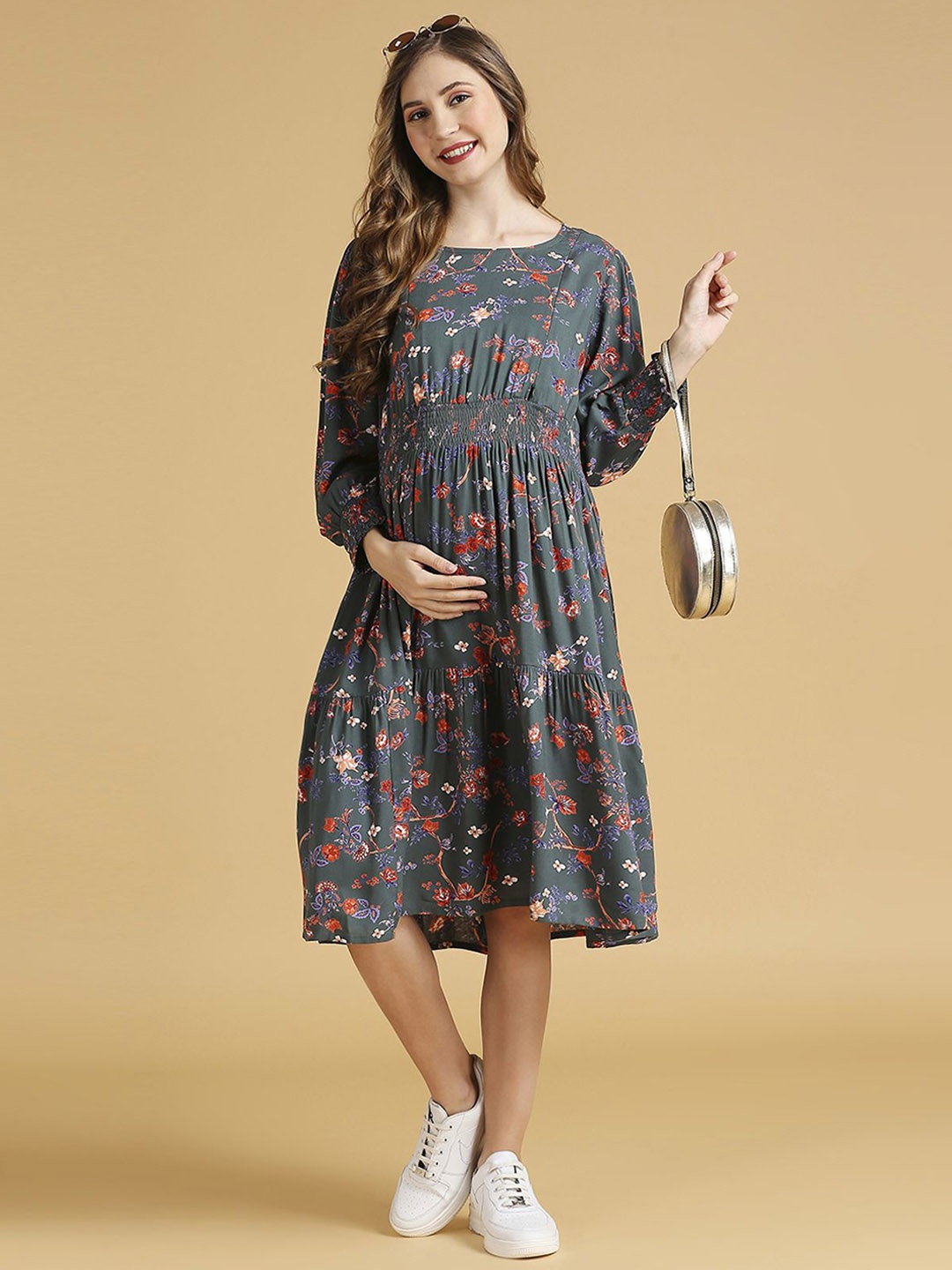 

MomToBe Printed Round Neck Maternity Dress, Grey