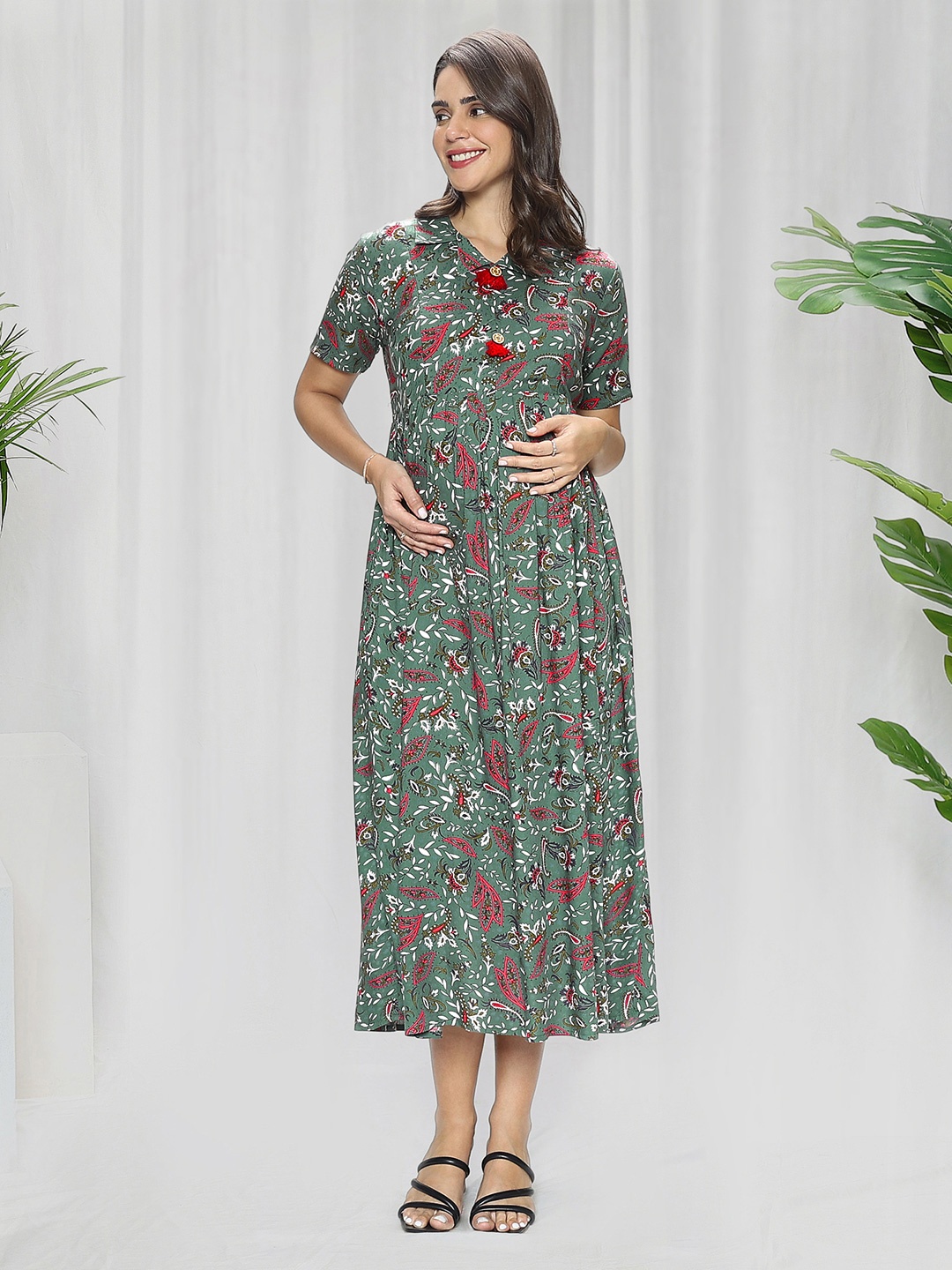 

MomToBe Ethnic Motifs Print Maternity Fit & Flare Midi Dress, Green