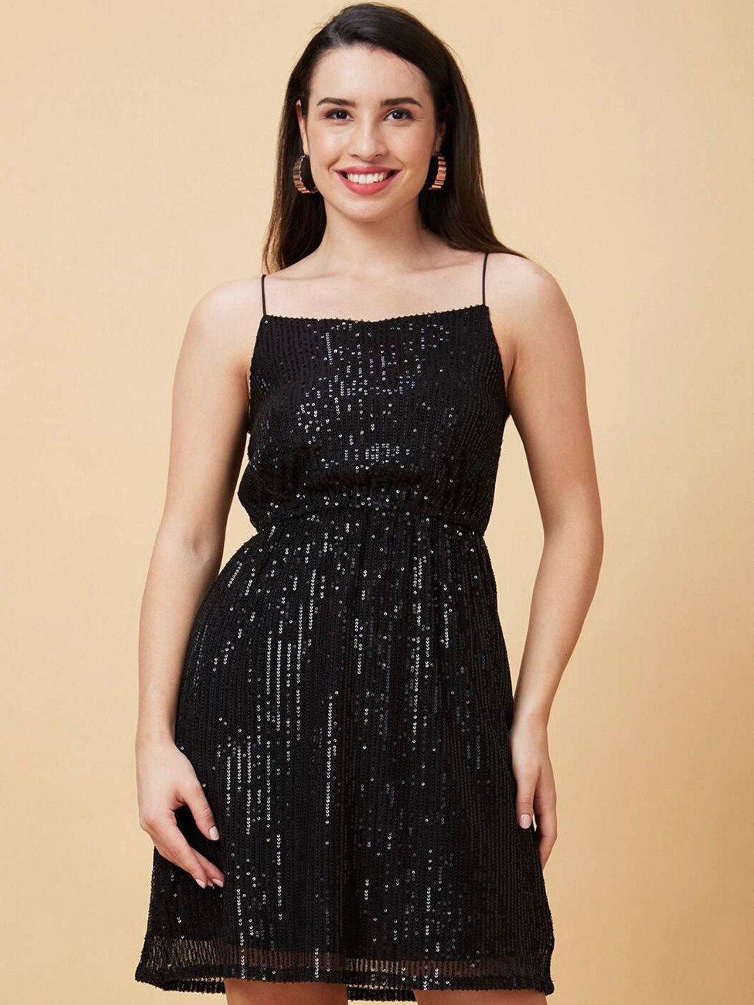 

Molly & Michel Shoulder Straps Embellished Net Mini Fit & Flare Dress, Black