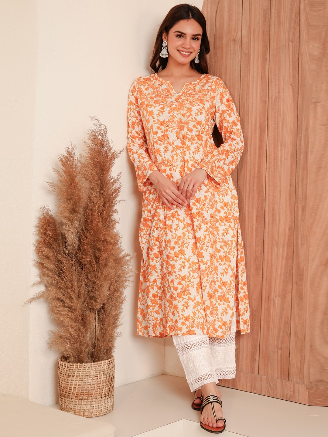 

HOUSE OF KARI Notch Neck Floral Printed Cotton Straight Kurta, Yellow