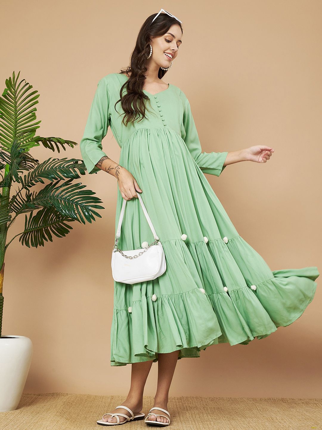 

Aanyor Round Neck Maternity Fit and Flare Midi Dress, Green
