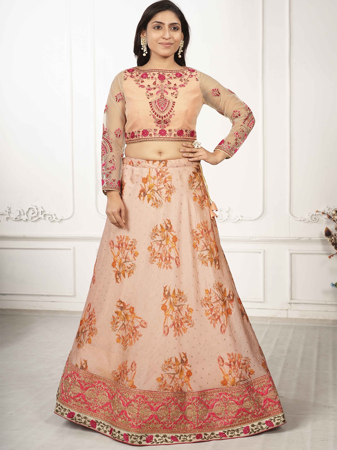 

SAPTRANGI Floral Embroidered Sequinned Ready to Wear Lehenga & Blouse With Dupatta, Peach