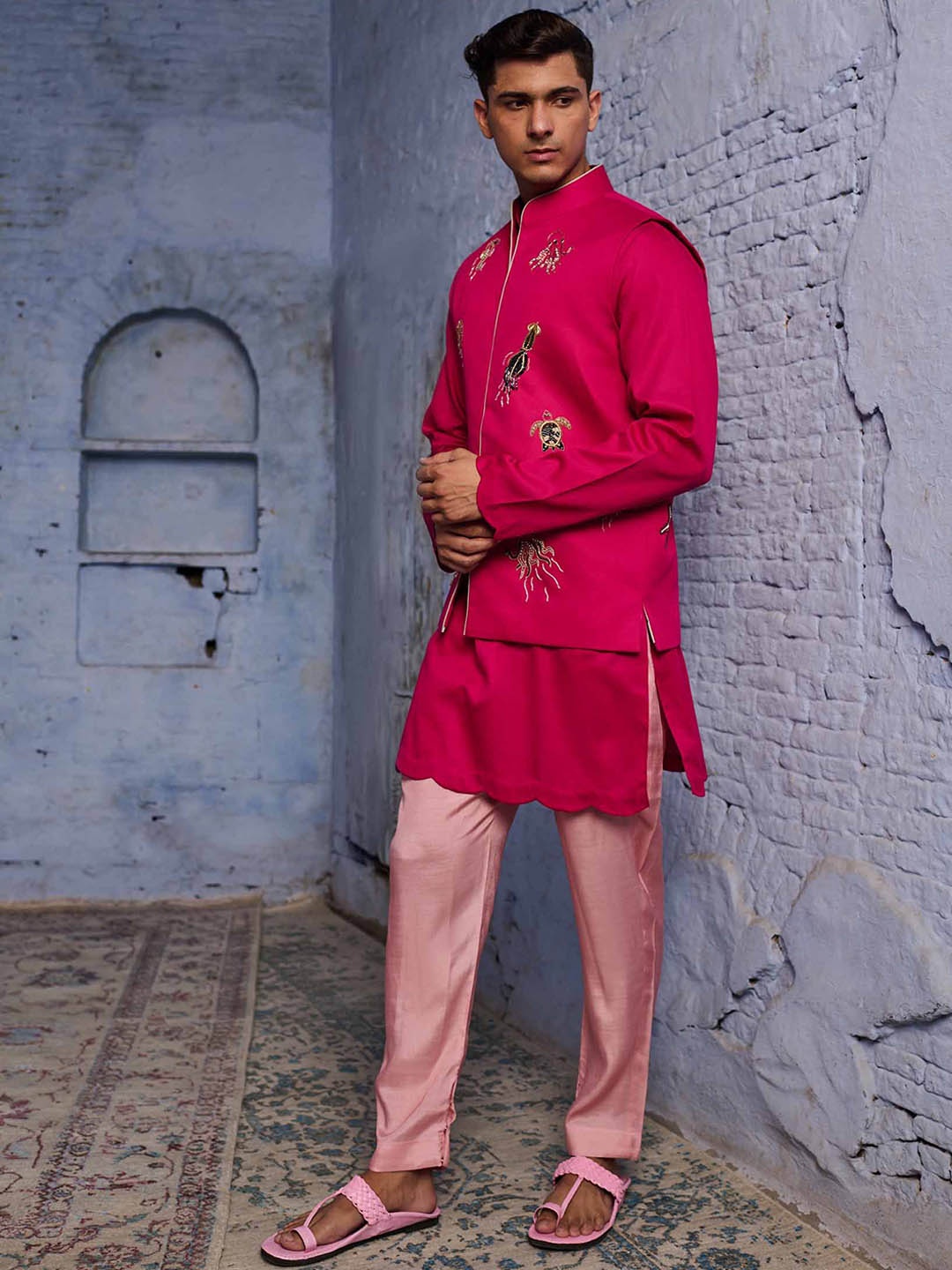 

Agrajain Mandarin Collar Zardozi Kurta With Trousers & Nehru Jacket, Fuchsia