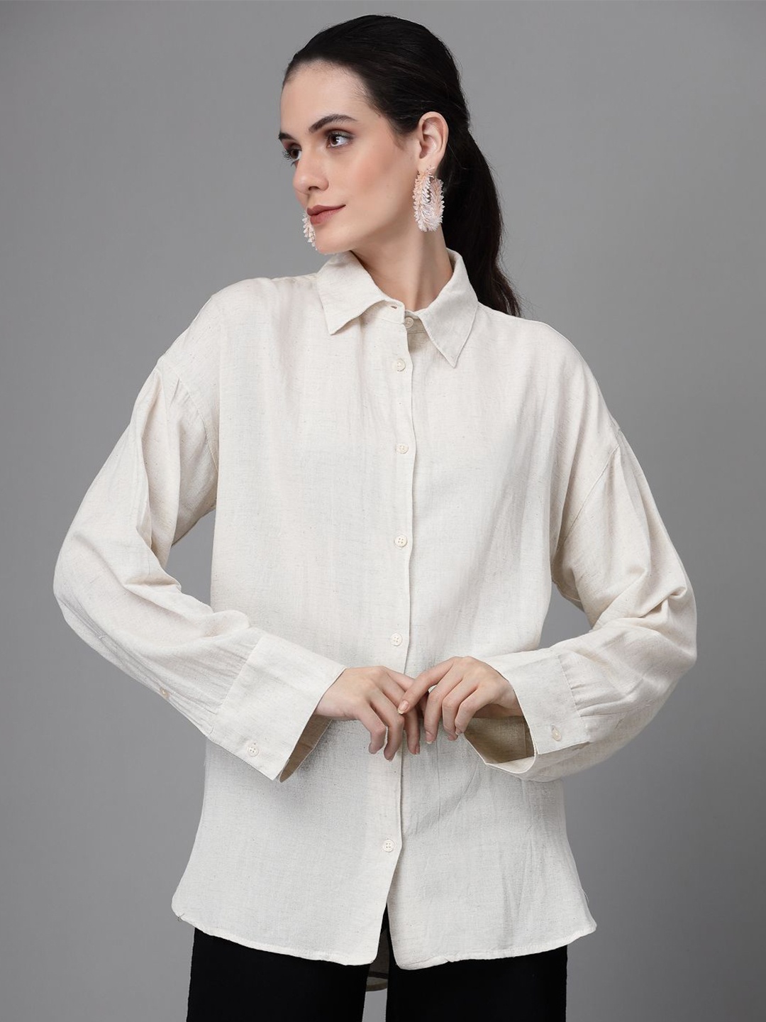 

Global Republic Women Spread Collar Solid Striped Cotton Casual Shirt, Beige
