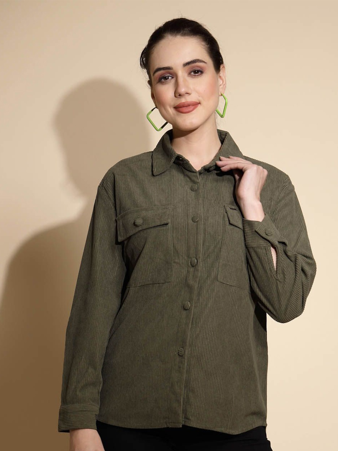 

Global Republic Women Spread Collar Solid Cotton Casual Shirt, Olive