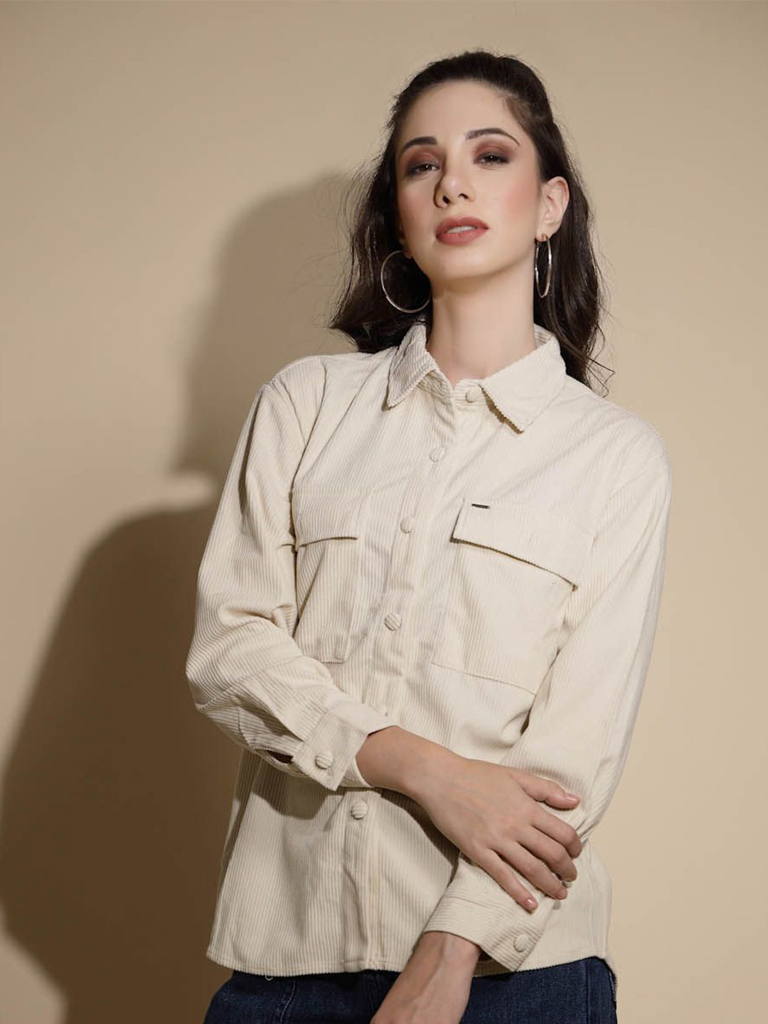 

Global Republic Women Spread Collar Solid Cotton Casual Shirt, Beige