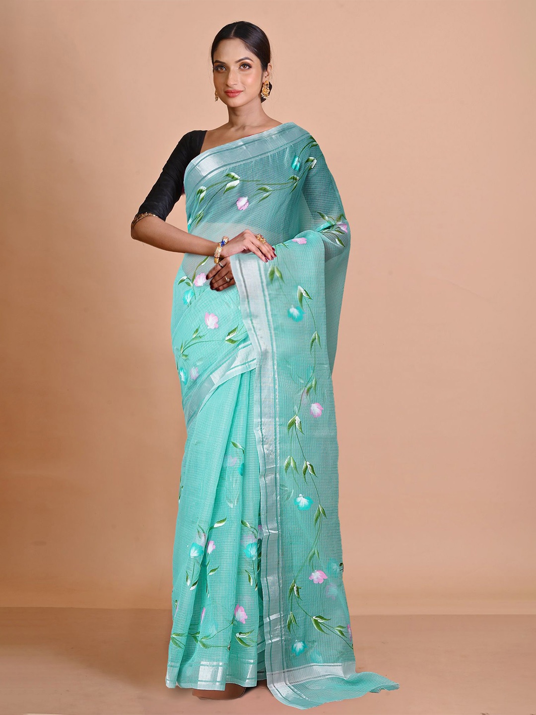 

Unnati Silks Floral Printed Zari Handloom Kota Saree, Turquoise blue