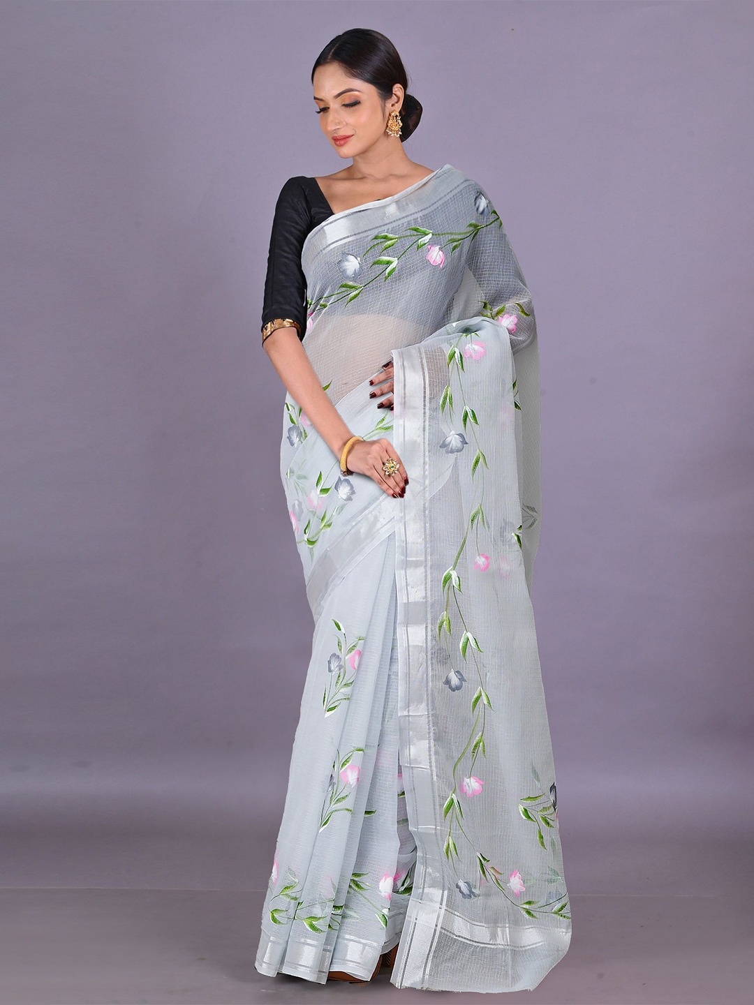 

Unnati Silks Kota Silk Cotton Floral Zari Traditional Handloom Saree, Grey