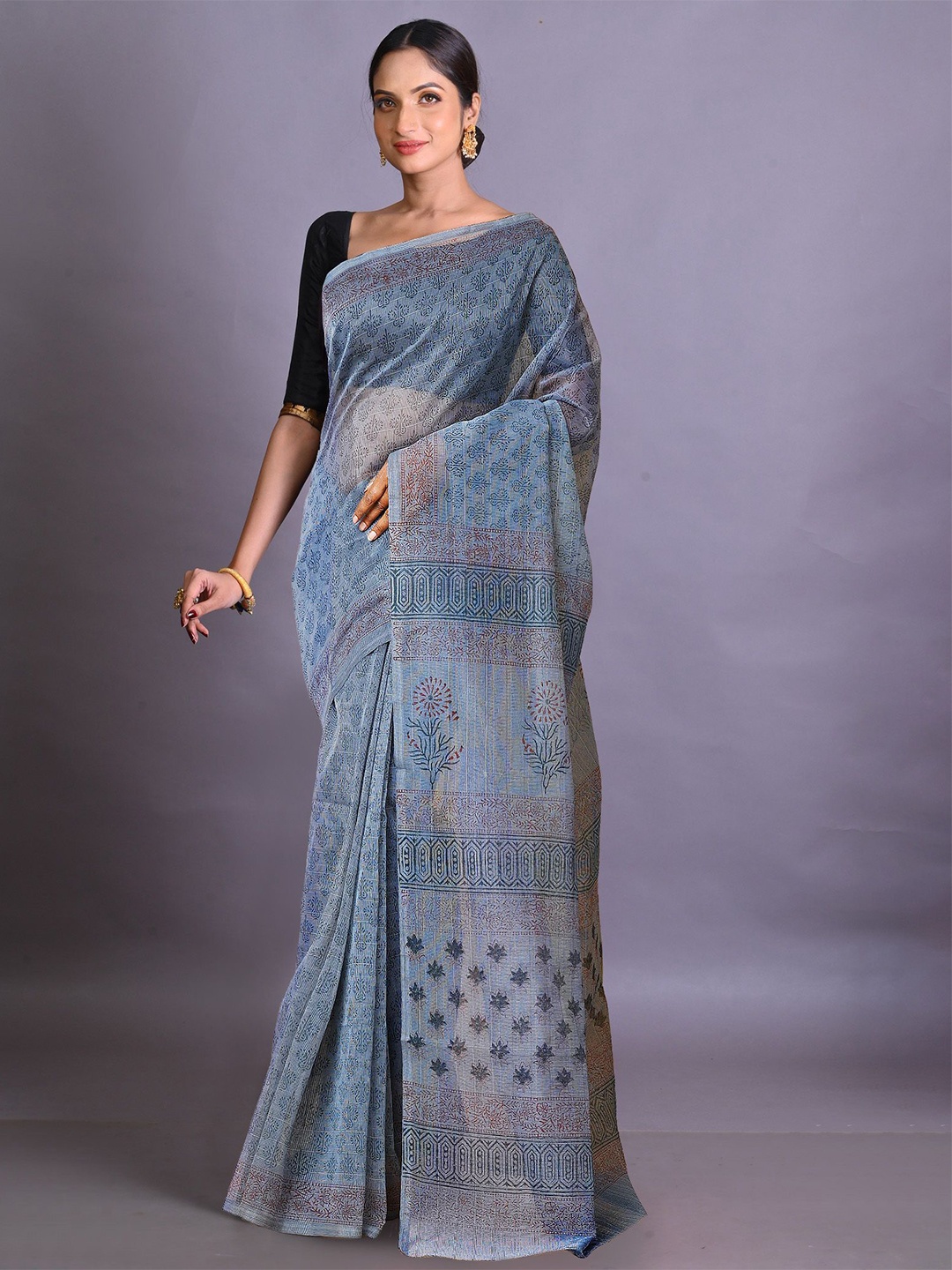 

Unnati Silks Block Print Supernet Ethnic Motif Traditional Handloom Saree, Grey