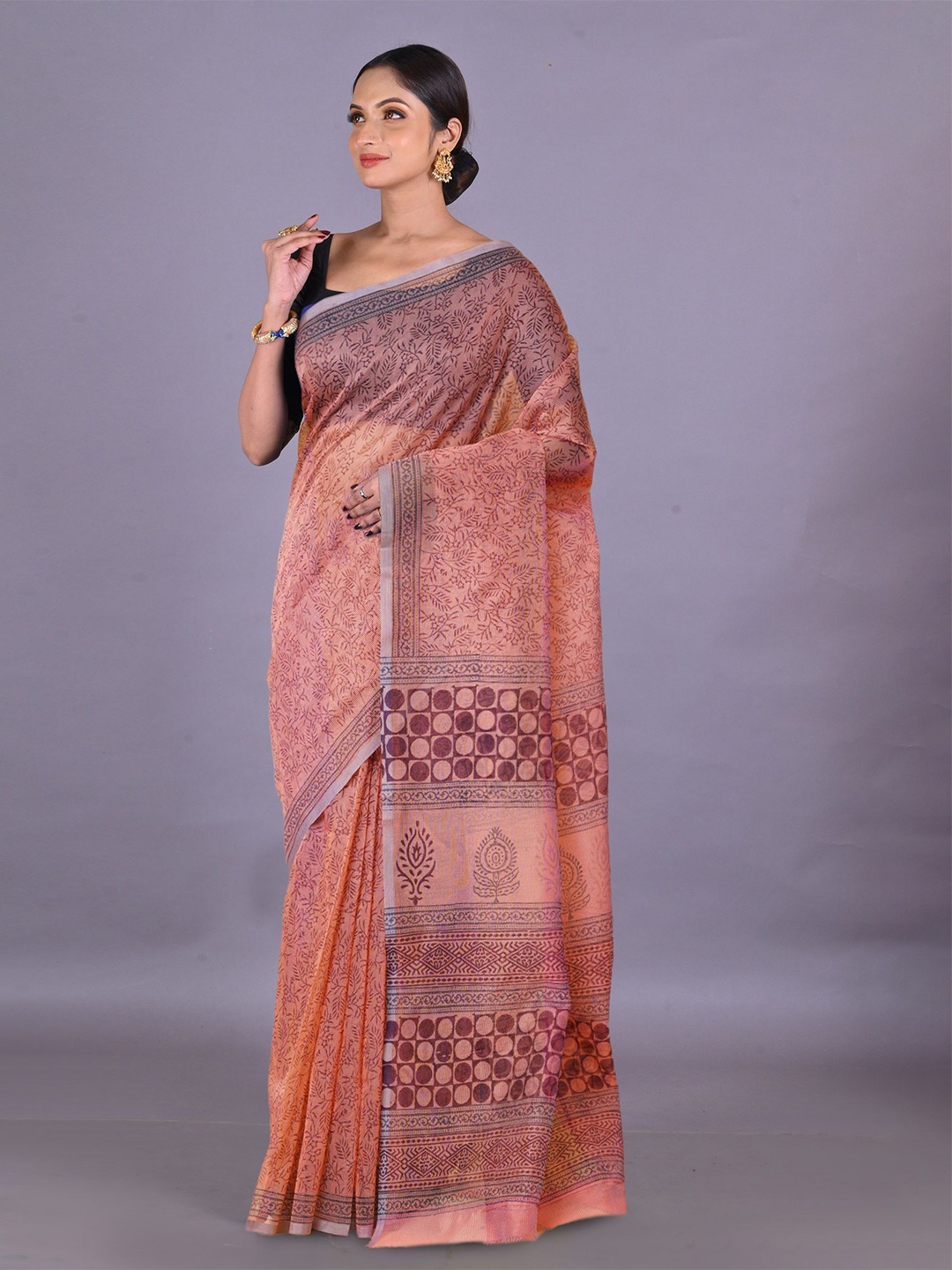 

Unnati Silks Ethnic Motifs Supernet Handloom Block Print Saree, Beige